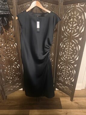 NWT Banana Republic Black Satin Midi Dress with Side Ruching